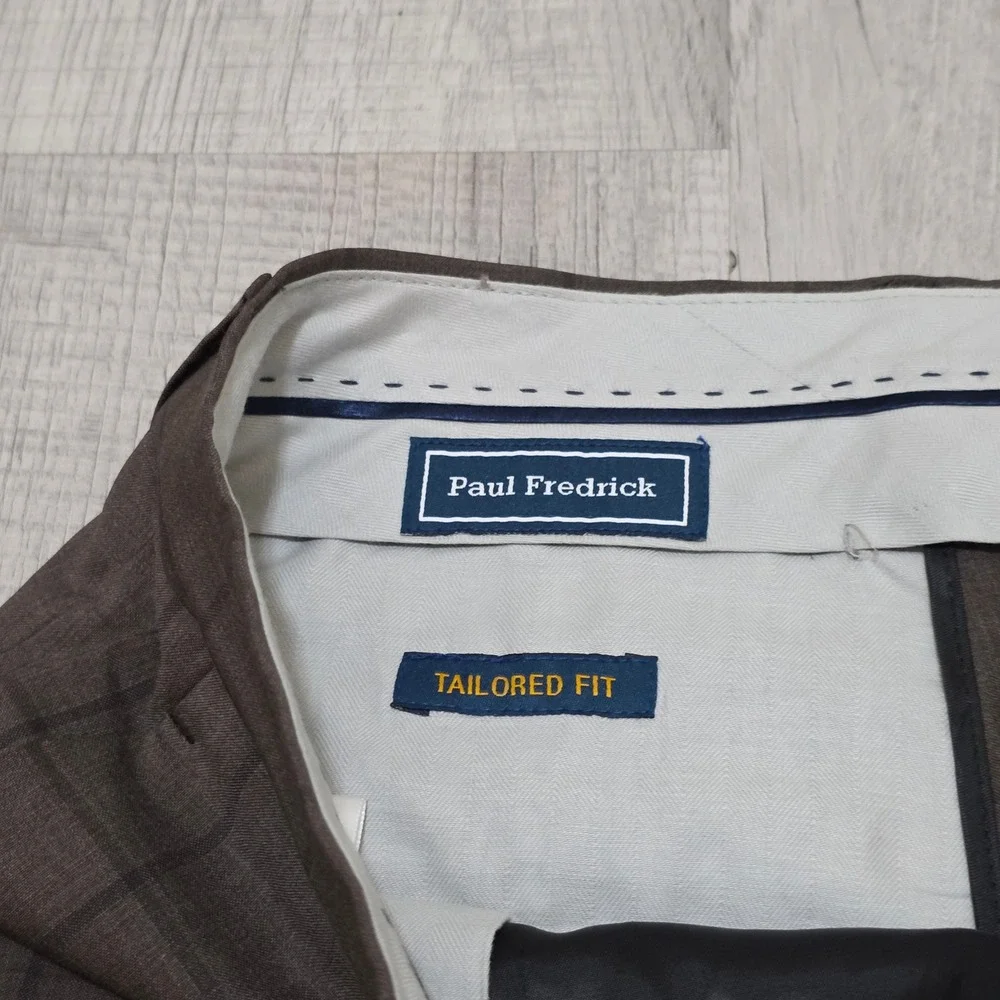 Paul Fredrick Men's Brown Windowpane Plaid 100% Wool Tailored Fit Dress Pants 34